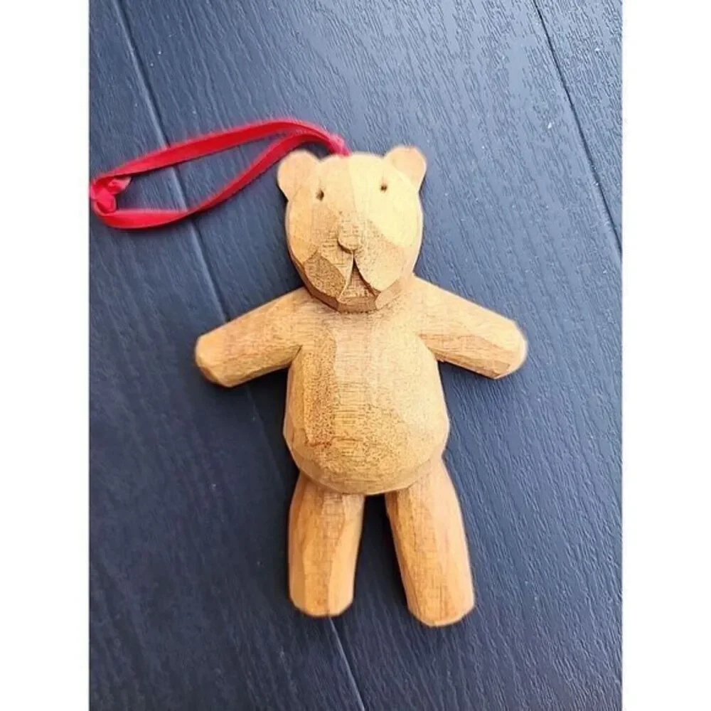 Quality Carved Wooden‎ Teddy Bear Christmas Ornament Red Ribbon